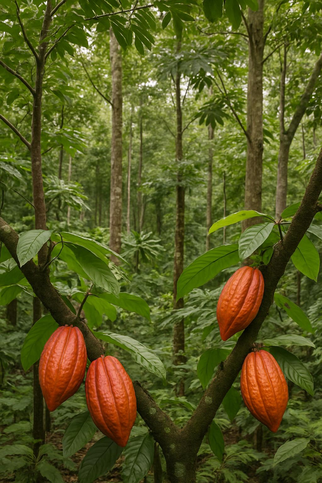 L'image montre un arbre de cacao avec des capsules mûres sur ses branches, à l'intérieur d'une forêt ombrée de feuillus.