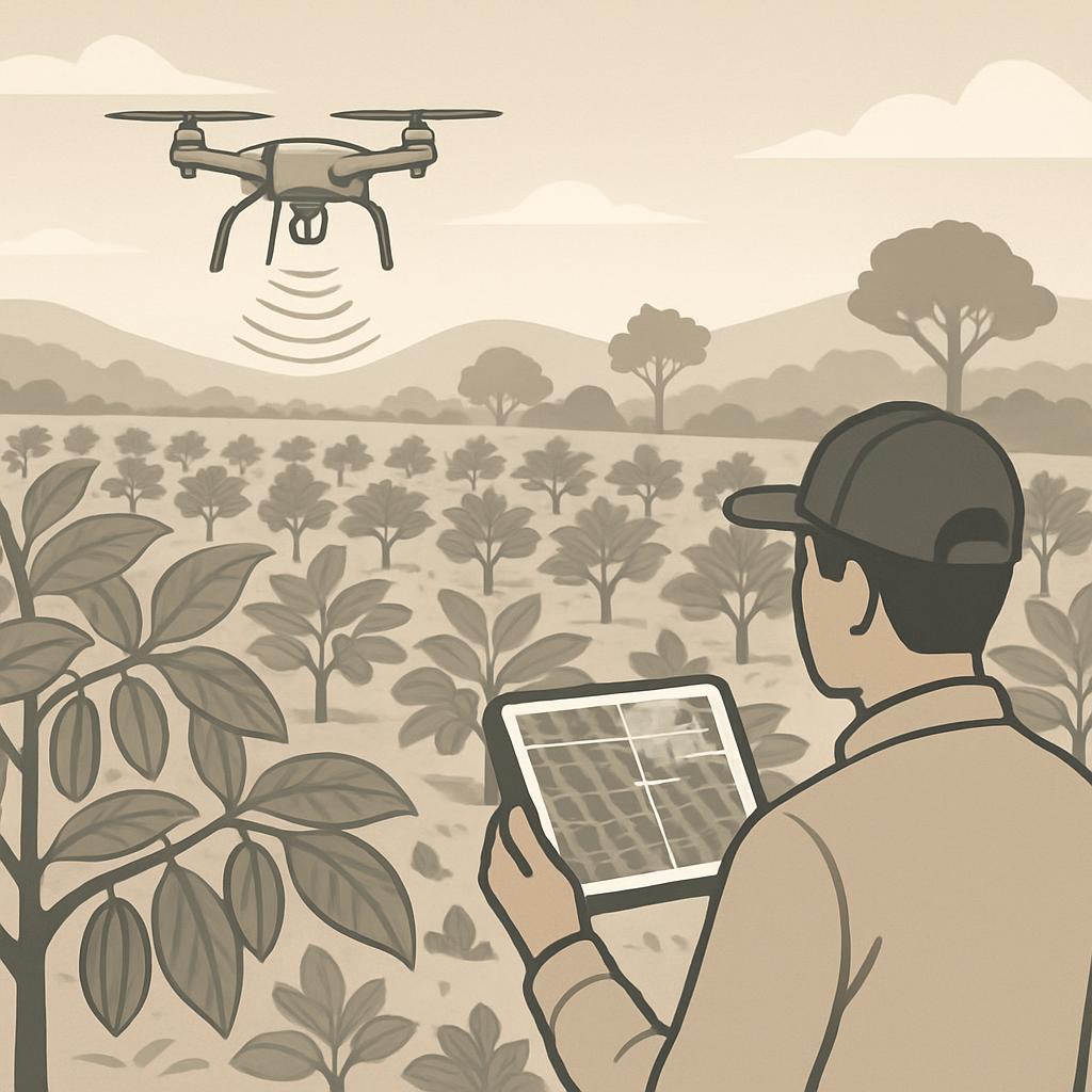 Identity: Tall male wearing a beige sweater and a baseball cap, holding a tablet and looking directly at a drone hovering ...