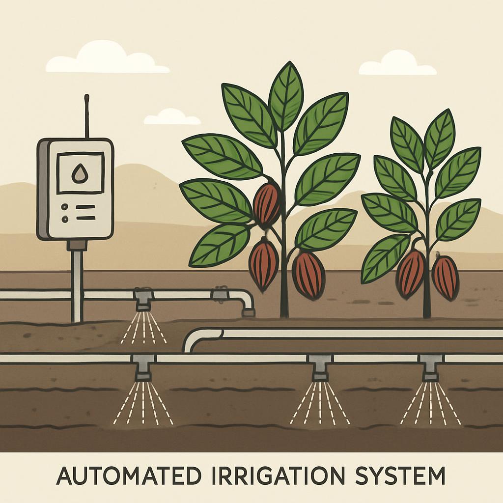 Image description: Illustration of an automated irrigation system watering two plants.